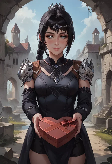 score_9, score_8_up, score_7_up, source_anime, 1girl, solo, perfect face, perfect eyes, shadowheart, black hair, braided ponytail, circlet, smile, <lora:heart-shaped-box-ponyxl-lora-nochekaiser:1>, heart-shaped box, holding, box, gift, valentine, incoming gift, blush, outstretched arms, concept art,
BREAK
detailed background, gothic, outside, camp, ruins, castle, statues