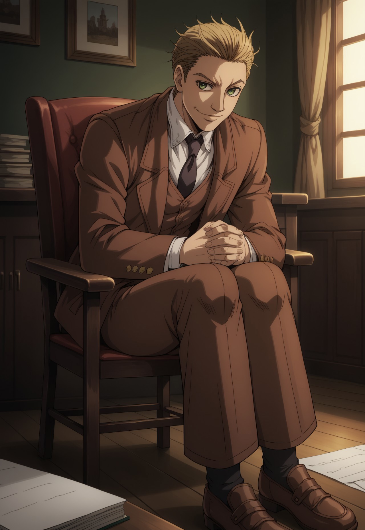 score_9, score_8_up, score_7_up, masterpiece, best quality, very aesthetic, ArthurHellsing, 1boy, solo, male focus, blonde hair, short hair, green eyes, brown jacket, white shirt, black necktie, black vest, brown pants, brown shoes, own hands clasped, sitting, chair, study (room), smirk, dark, perspective,