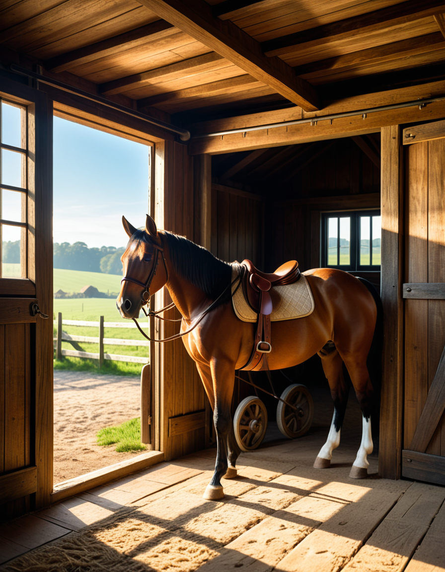 A rustic horse stable in the countryside, built with aged wooden beams and stone foundations, bathed in warm golden sunlight. The stable doors are slightly open, revealing the soft hay-covered floor inside. Horses stand calmly in their stalls, their glossy coats catching the light. Dust particles float in the air, illuminated by the sunbeams filtering through the gaps in the wooden planks. The atmosphere is serene, with a vintage, timeless feel. Weathered saddles and bridles hang neatly on the stable walls, and an old wooden cart sits nearby. The background features rolling green fields and a clear blue sky, creating a peaceful rural setting. Ultra-detailed, photorealistic, warm tones, cinematic lighting, sharp textures.
<lora:SDXLFaeTastic2400:0.4> <lora:extremely_detailed:0.4> extremely detailed,<lora:rustic_horse_st4bl3:1>,rustic horse st4bl3, Masterpiece,best quality,hi res,8k,hi res,8k,award winning,(sharp focus, intricate, highly detailed),