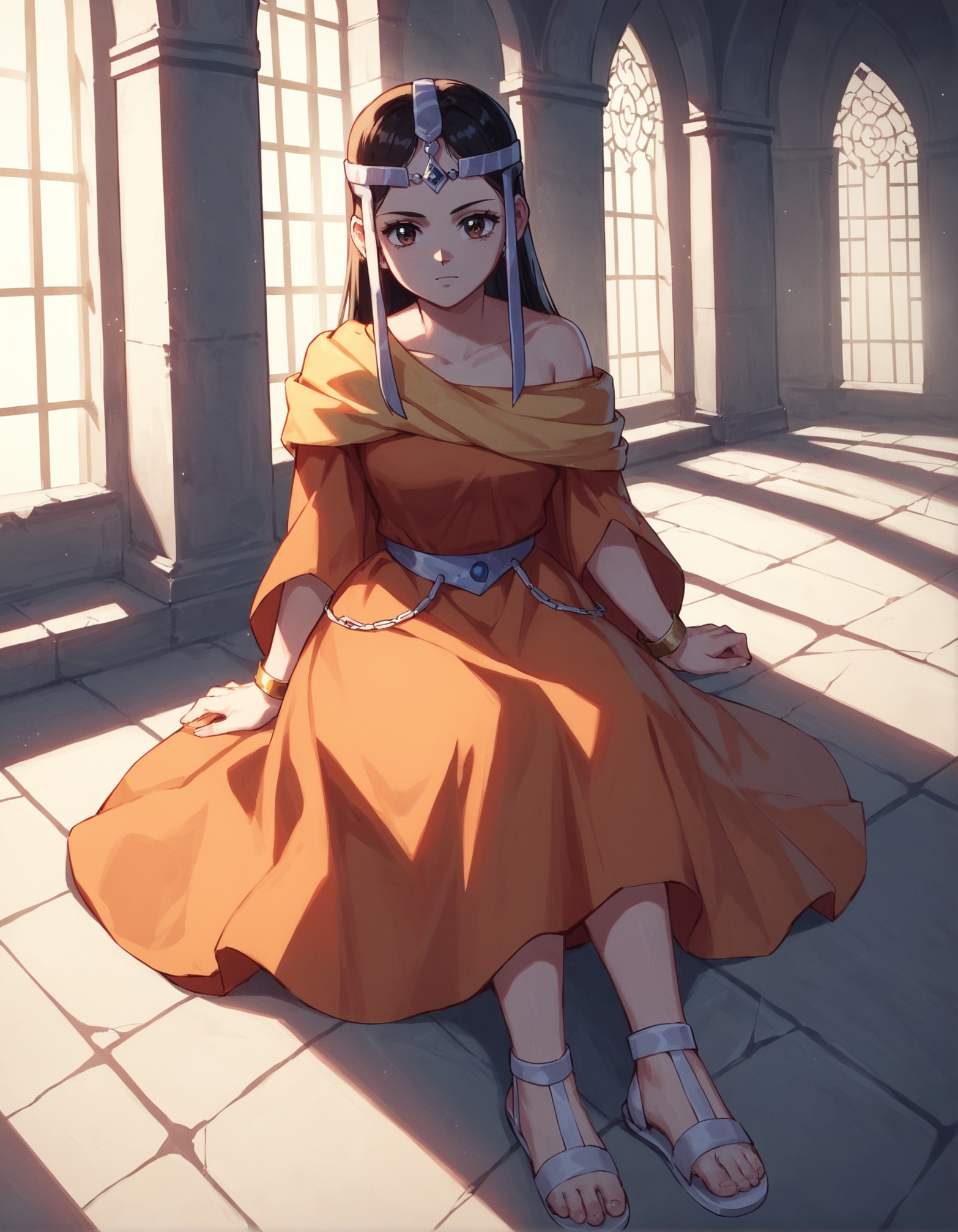 score_9, score_8_up, score_7_up,score_6_up,high resolution,upper body,mrl,1girl,castle,orange dress,circlet,sandals,volumetric lighting,rim lighting,dof,dramatic shadow,looking at viewer,full body,dynamic pose,looking at viewer,pov,front view,sitting