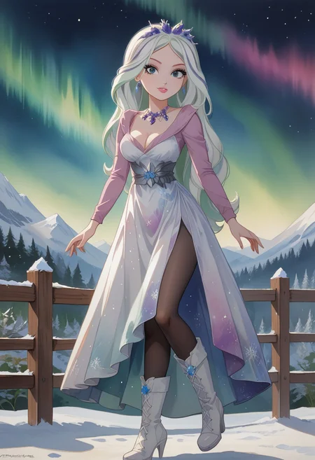 score_9, score_8_up, score_7_up, score_6_up, score_5_up, score_4_up, Expressiveh, BREAK, RAW, 8k, source_real, masterpiece, high quality, (equestria girls, show accurate:1.1), Female, 1girl, adult, 30 years old, Female, lidded eyes, looking at viewer, seductive, sultry, slender hips, overactive hips, seductive look, zPDXL3, 
crystalwinter, eah, ever after high, white hair, watercolor \(medium\), traditional media, pamcrystal, show accurate, clothes, white dress, long dress, satin dress, crystal dress, cleavage, long sleeves, large breasts, side slit, black pantyhose, pantyhose, high heel boots, lace boots, white boots, outdoor,  irl, realistic style, leg up, normal face size, seductive pose, seductive look, full body vidible, (sultry pose:1.6), watercolor \(medium\), snowy mountain background, traditional media, night sky, blue and purple gradient sky, stars, aurora borealis, lens flare,
anime epic cinematic shot of dynamic, "The transatlantic slave trade", dramatic lighting, Technicolor, in motion, main subject of high budget action movie, raw photo, motion blur, best quality, high resolution, aidmaMJ6.1