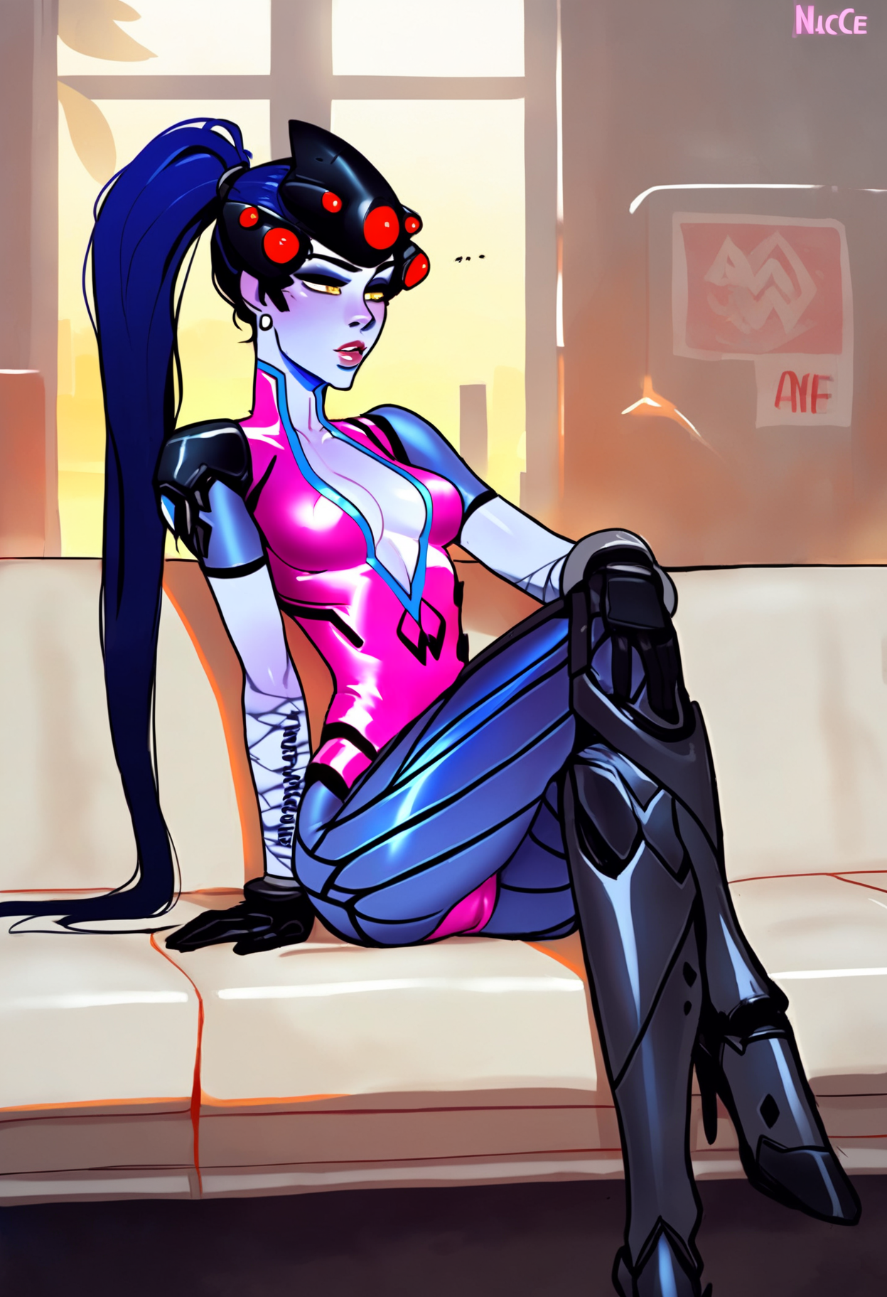 score_9_up, source_ anime, incase_style,opossumachine_style,widowmaker_(overwatch), overwatch, 1girl, yellow_eyes, purple_hair,bodysuit, sitting on a couch, crossed legs,