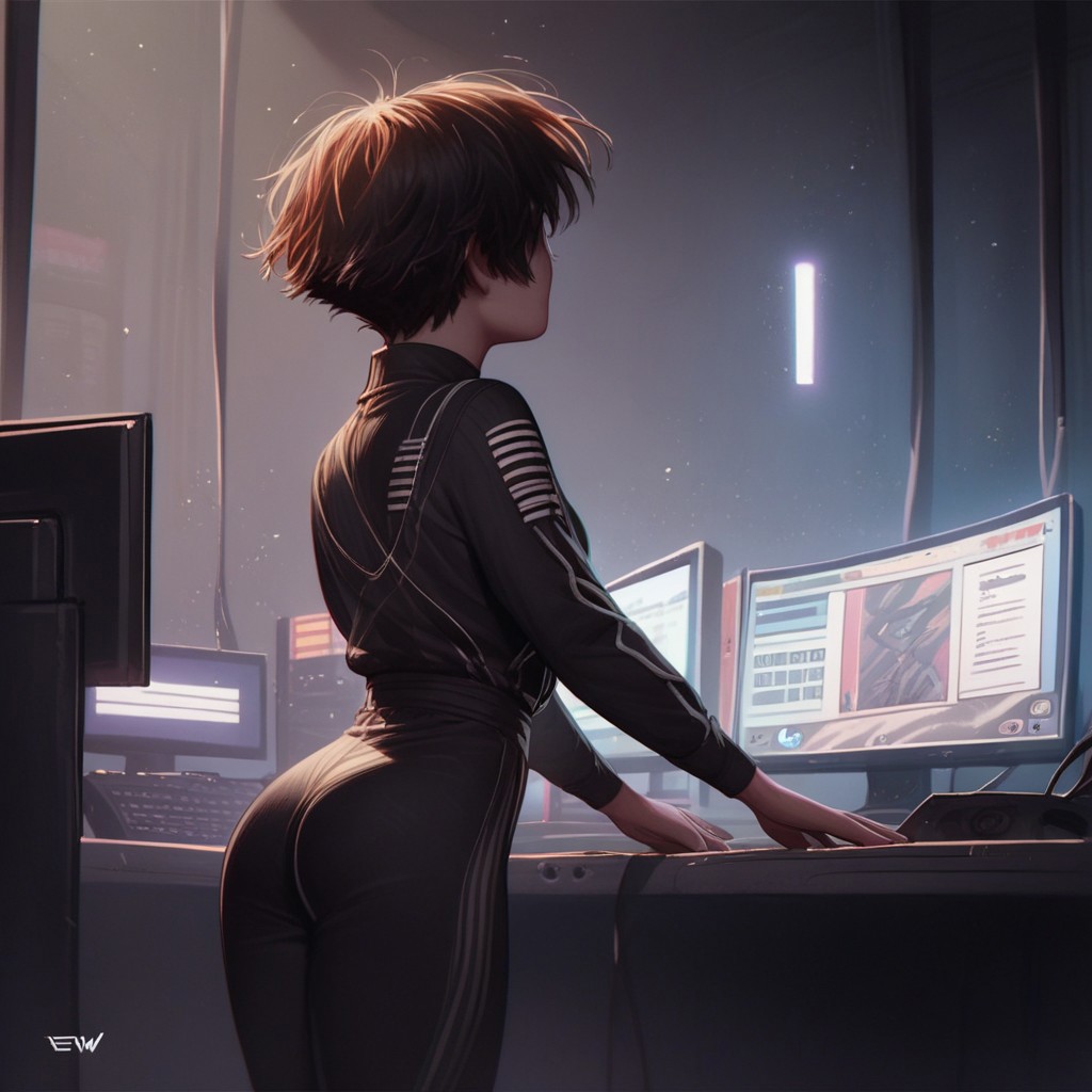 score_9, score_8_up, score_7_up, score_6_up, score_5_up, score_4_up, rating_questionable, 1girl, EvelynD, dark room, computers, tvs, black jumpsuit, short hair