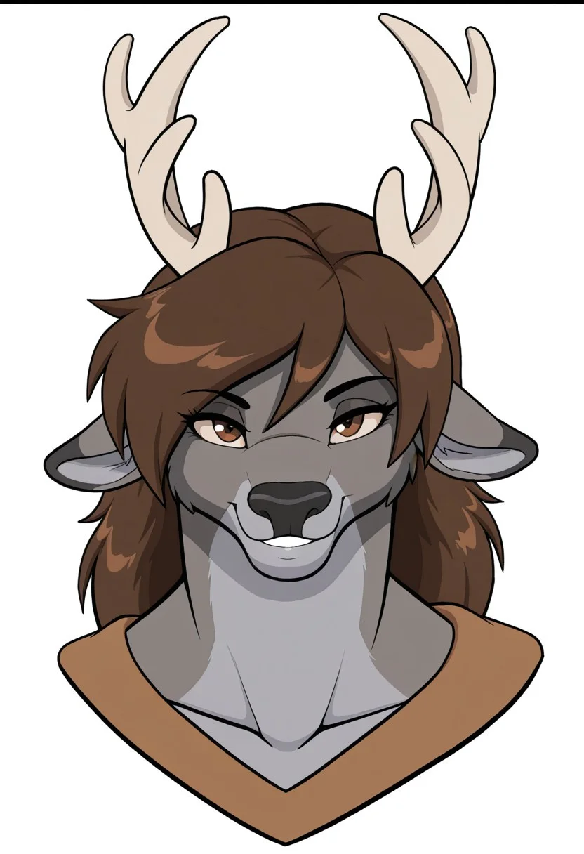 art_style_droll3ill, masterpiece, best quality, amazing quality, high detail, 1boy, solo, anthro deer, grey body, antlers of deer, brown eyes, deer face, BREAK, portrait, looks at the viewer, smiles, shows the micah sign, white background,