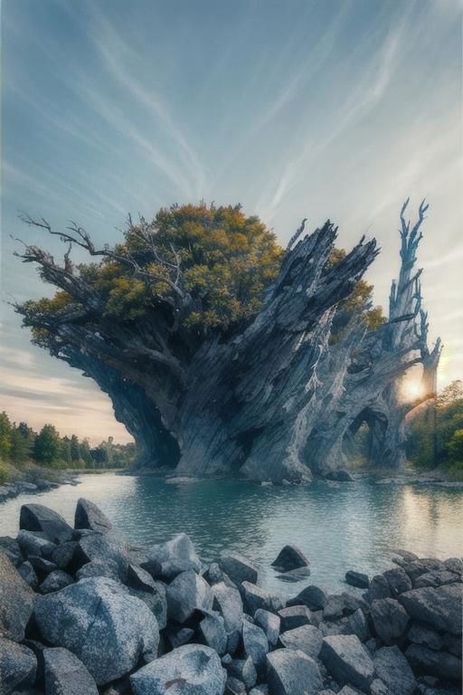 (Realistic:1.5) EdobLandscapeAlpha , outdoors, thorns, signature, blue theme, evening, alien, bridge, solo, rock, forest, <lora:EdobLandscapeAlpha_v1.0:0.8>