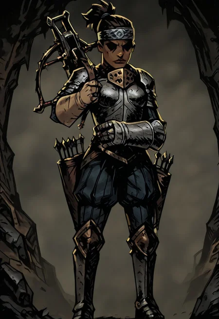 masterpiece, best quality, newest, absurdres, highres, TTCSV1.0, DDstyle, official style,
black eyes, shaded eyes,
1girl, DD-Arba-V1.0, dark-skinned female, dark skin, dredlocks, armor, breastplate, armor, headband, greaves, quiver, ponytail, pauldrons
Crossbow, holding crossbow, weapon, holding weapon, bolt (projectile), arrow (projectile)