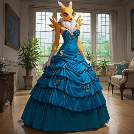 three_quarter_view ,score_9, score_8_up, score_7_up, score_6_up, score_5_up, score_4_up, source_furry, rating_explicit,
Renamon at a ball full of people, she is wearing a ballgown and dancing