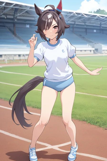 masterpiece, best quality,
believe \(umamusume\),1girl, sneakers, horse ears, ahoge, buruma, full body, shoes, horse tail, shirt, looking at viewer, smile, blue buruma, hair over one eye, blue footwear, short sleeves, bangs, gym uniform, gym shirt,outdoor,track,
 <lora:SDXL_believe_v1.0:0.6>