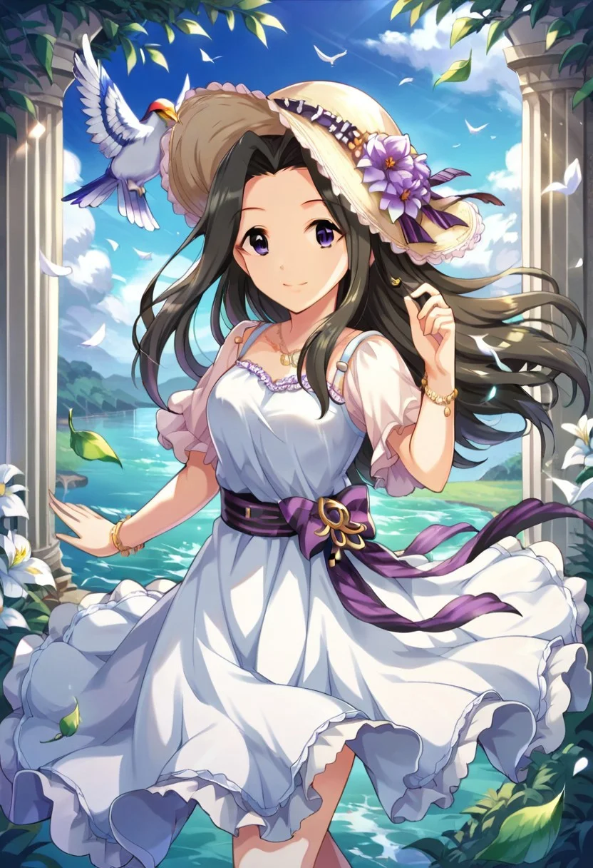 score_9, score_8_up, score_7_up, source_anime,suzumiya seika, long hair, black hair, purple eyes, 1girl, hat, dress, solo, flower, bracelet, smile, jewelry, day, wind, bird, leaf