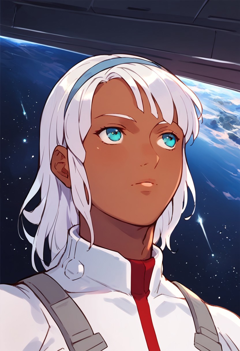 by laserflip, score_9, score_8_up, score_7_up, 1boy, femboy, loran, loran cehack, loran gundam, dark skin, white hair, blue eyes, white hairband, white bodysuit, futuristic bodysuit, space, space station, dynamic angle, solo, solo focus,