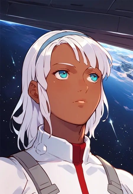 by laserflip, score_9, score_8_up, score_7_up, 1boy, femboy, loran, loran cehack, loran gundam, dark skin, white hair, blue eyes, white hairband, white bodysuit, futuristic bodysuit, space, space station, dynamic angle, solo, solo focus,