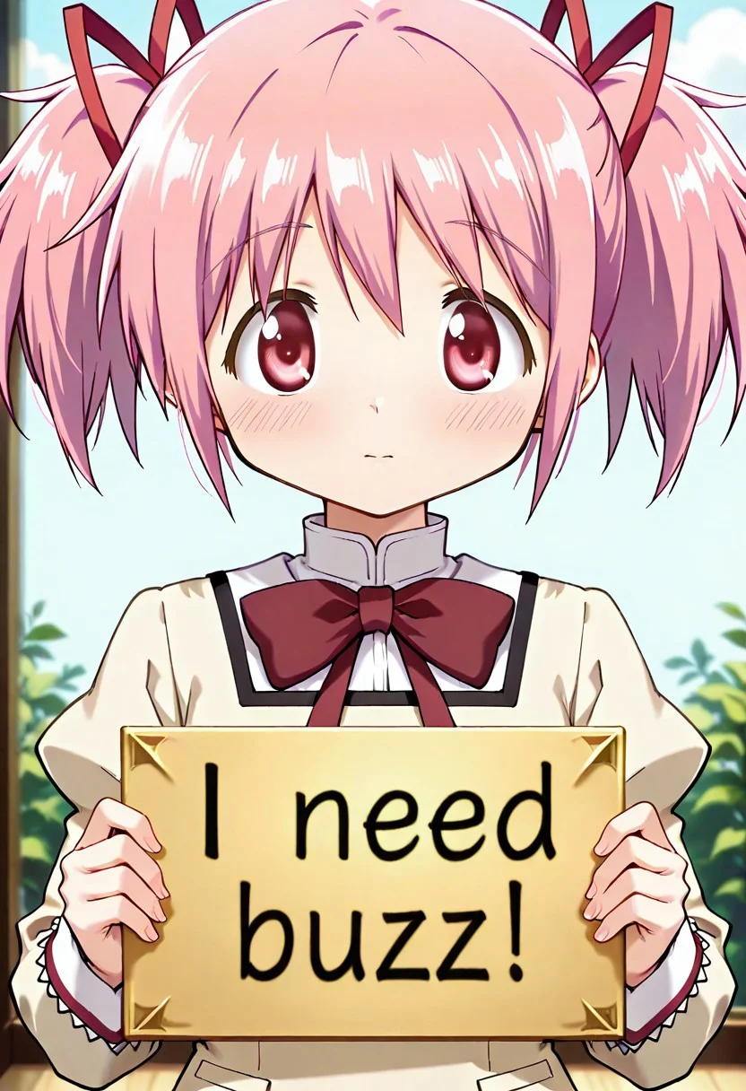 anime screencap, masterpiece, best quality, amazing quality, newest, absurdres, highres, safe, 1girl,kaname madoka \(school uniform\), need_buzz, holding sign, pleading eyes, front view, looking at viewer