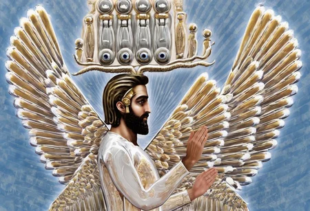 1boy, wings, chandelier, paint, eye catching image of Cyrus the great,
