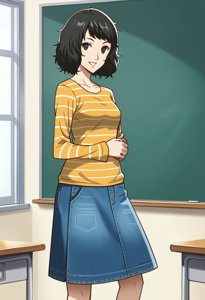 1 girl, solo, cute face,
p5kawakami, short hair, black hair,
p5kawakami-reg, striped shirt, long sleeves, knee length skirt, long skirt, denim skirt
classroom, standing, looking at viewer, smile,
masterpiece, best quality, ultra detailed,