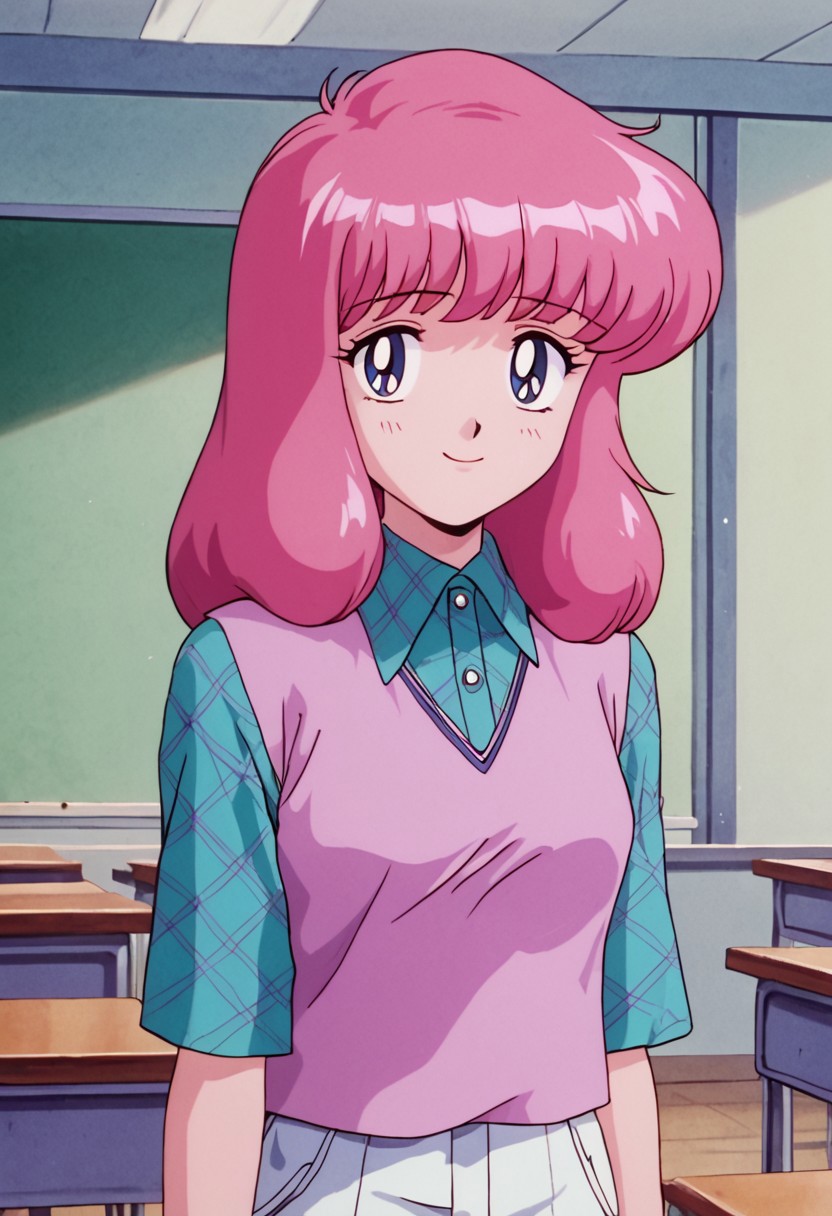 nsfw,score_9, score_8_up, score_7_up, source_anime,masterpiece, best quality, retro_artstyle, 1990s_\(style\),official art,1girl, solo,  Nakajima Noriko,pink hair with bangs, blue eye,pink vest over a blue-green checkered shirt, white shorts,empty classroom,(detailed face and eyes,embarrassed,shy smile:1.2), looking at viewer,(upper body,view from front),