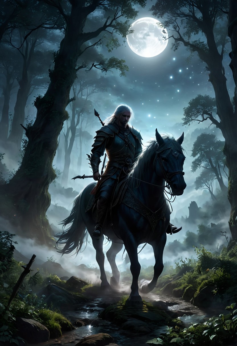 In the tranquil moonlit night, a lone Witcher rides through the ancient forests of the Continent. His silhouette is stark against the silver glow of the full moon, his form outlined by the ethereal light. The dense woods whisper ancient secrets as his horse treads through the mist-covered pathways. His eyes, keen and watchful, scan the shadows for any sign of danger. Behind him, the moon hangs low, casting its soft light over the medieval landscape, illuminating the towering trees and the winding path ahead. The air is thick with magic, and the night holds both mystery and danger in equal measure. vibrant, beautiful, translucent, intricate, detailed, many details, extreme detailed, full of details, Wide range of colors. Dramatic,Dynamic,Cinematic,Sharp details, Insane quality. Insane resolution. Insane details. Masterpiece. 32k resolution.