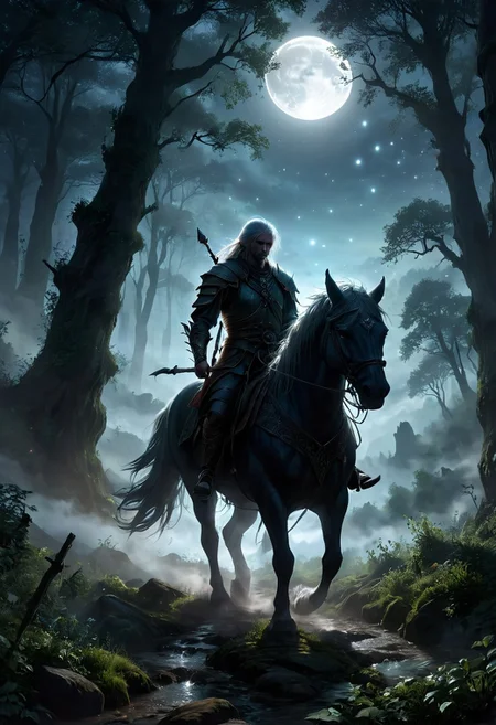 In the tranquil moonlit night, a lone Witcher rides through the ancient forests of the Continent. His silhouette is stark against the silver glow of the full moon, his form outlined by the ethereal light. The dense woods whisper ancient secrets as his horse treads through the mist-covered pathways. His eyes, keen and watchful, scan the shadows for any sign of danger. Behind him, the moon hangs low, casting its soft light over the medieval landscape, illuminating the towering trees and the winding path ahead. The air is thick with magic, and the night holds both mystery and danger in equal measure. vibrant, beautiful, translucent, intricate, detailed, many details, extreme detailed, full of details, Wide range of colors. Dramatic,Dynamic,Cinematic,Sharp details, Insane quality. Insane resolution. Insane details. Masterpiece. 32k resolution.