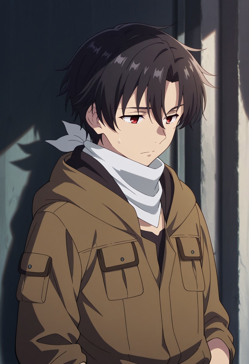 masterpiece,best quality,amazing quality, source_anime, 
ShineiNouzen, 1boy, male focus, solo, red eyes, black hair, neckerchief, shirt, black shirt, jacket, brown jacket, hood, outdoor,