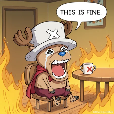 best quality, amazing quality, very aesthetic, absurdres, newest, masterpiece, Solo, 2d, 1boy, 2 fingers, OPChopper, male, brown fur, reindeer, antlers, light red top hat, white X on hat, maroon shorts, blue nose, black eyes, animal ears on hat, red cape,
BREAK  chopper crying, chopper crying (meme), meme, wavy eyes, crying, tears, teeth, open mouth, tongue,
this_is_fine_(meme), fire, english text, sitting, chair, table, mug, speech bubble,
