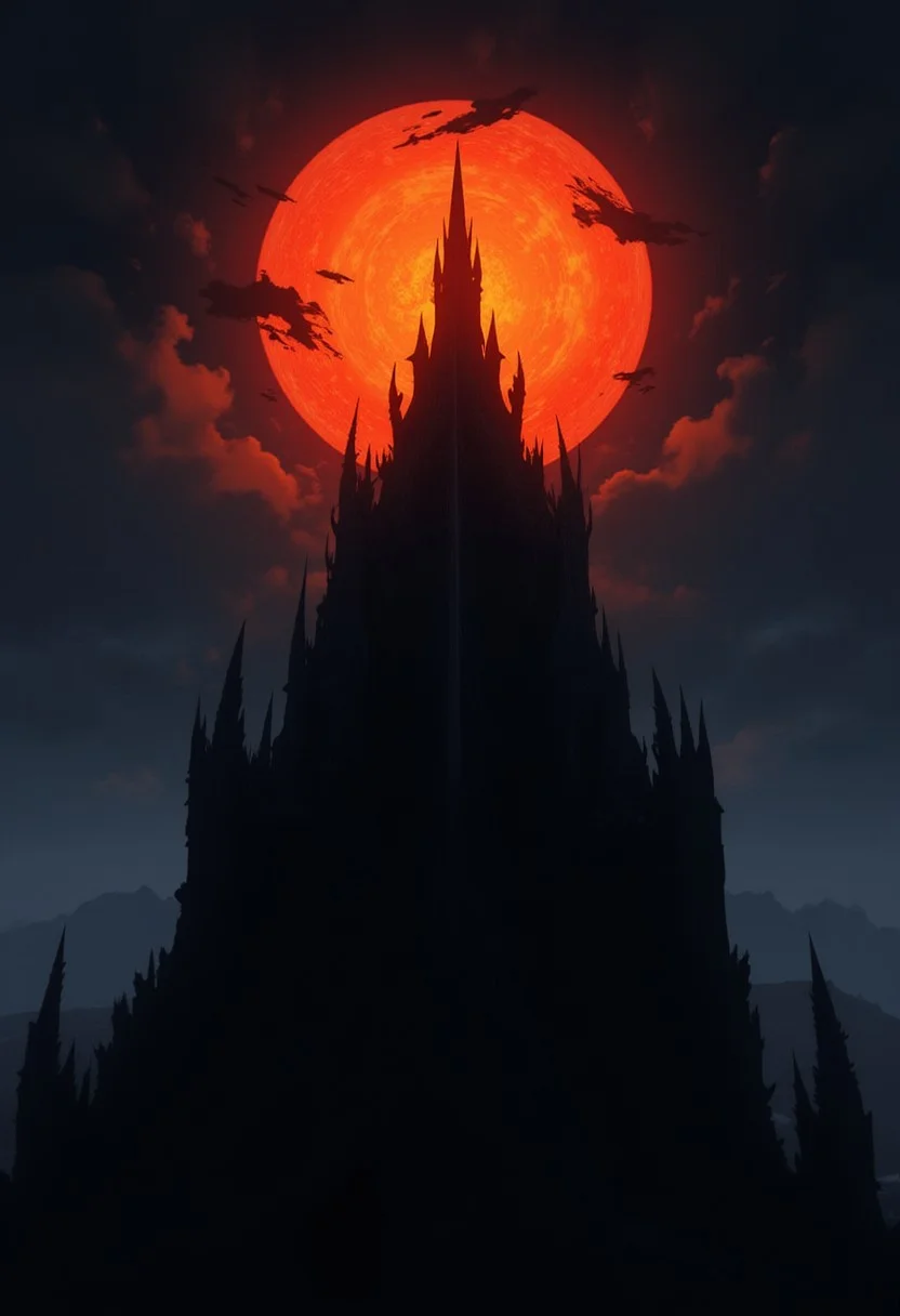 The image is an anime-styled illustration of a menacing and powerful character from the Lord of the Rings. The Eye of Sauron, perched atop Barad-dûr, the Dark Tower, is one of the most iconic and menacing symbols in J.R.R. Tolkien's The Lord of the Rings series. The Eye itself is depicted as a fiery, lidless eye, constantly searching and surveying the lands of Middle-earth. Its form is intense and unsettling, with a slit pupil that resembles that of a reptile or cat, giving it a predatory and all-seeing appearance.
The iris of the Eye glows with a burning, molten orange or red hue, radiating power and malevolence. Flames and tendrils of fire often seem to flicker around it, emphasizing its unyielding and consuming gaze. 
Barad-dûr, the fortress on which the Eye is set, is a massive, dark tower made of black iron and stone, located in the land of Mordor. The structure is imposing and jagged, with sharp spires and battlements that reach skyward. The tower is surrounded by an oppressive atmosphere of shadow and gloom, with dark clouds often swirling above, contributing to its ominous and foreboding presence.
The Eye of Sauron atop Barad-dûr is not only a literal symbol of Sauron's power but also a metaphoric representation of his desire for control and domination. Its gaze is relentless, embodying the fear and dread that Sauron instills in those who oppose him.