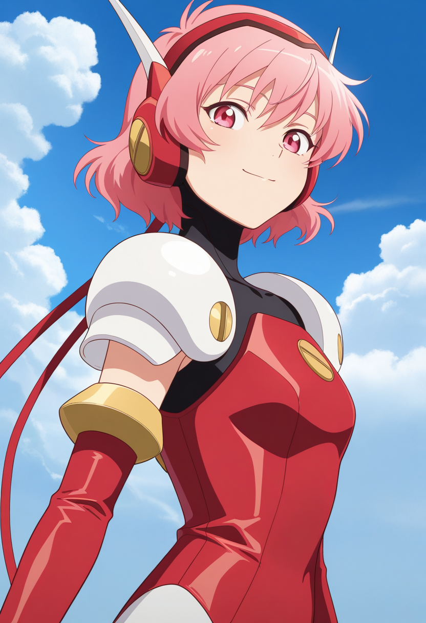 masterpiece, best quality, source_anime,official art,perfect_anatomy,1girl, Hikaru AL,pink hair, pink eyes,hairband,armor,shoulder armor,elbow gloves, red leotard, thighhighs, looking_at_viewer,smile,upper body,day,blue_sky,cloud