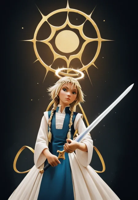 score_9, score_8_up, score_7_up, Elyon-Escanor, blonde, twin braids, holding sword, halo, single weapon <lora:Hoshino:1>  <lora:PerfectEyesXL:.5>  <lora:Sinfully_Stylish_dramitic_bold_lighting:.7> <lora:W.I.T.C.H._Elyon_Escanor:1>