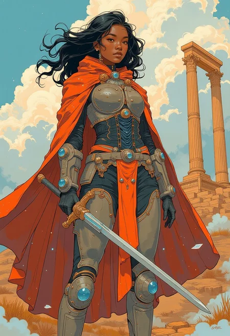 An full body shot of a dark-skinned woman wearing a red cloak over her futuristic armour, she watches the viewer from the temple steps sword in hand, clouds,