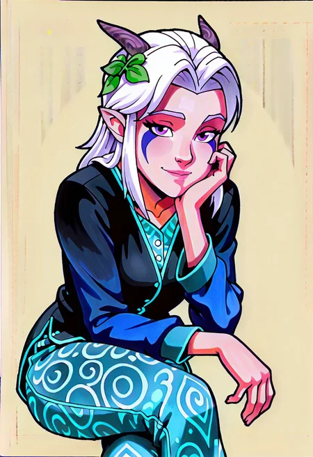 masterpiece, best quality, 1girl, solo, simple background, best artwork, Rayla, leaves in hair, patterned pyjamas, traditional media, colored pencil \(medium\), graphite \(medium\),
sitting, one hand on knee, one hand resting on cheek, crossed legs, looking at viewer, eye visible, detailed hands, relaxed pose, medium shot, soft expression,