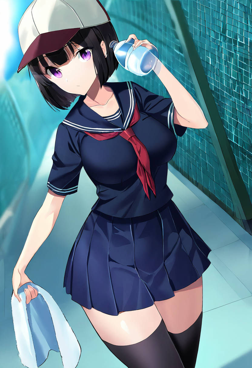 masterpiece,best quality,
<lora:MSIZE_Style_Pony:1>,msize_style,1girl,solo,black hair,short hair,bob cut,purple eyes,school uniform,serafuku,sailor collar,red neckerchief,black thighhighs,blue skirt,pleated skirt,zettai ryouiki,collarbone,large breasts,baseball cap, bottle,water bottle,towel,holding,
looking at viewer,cowboy shot,dutch angle,dynamic pose,