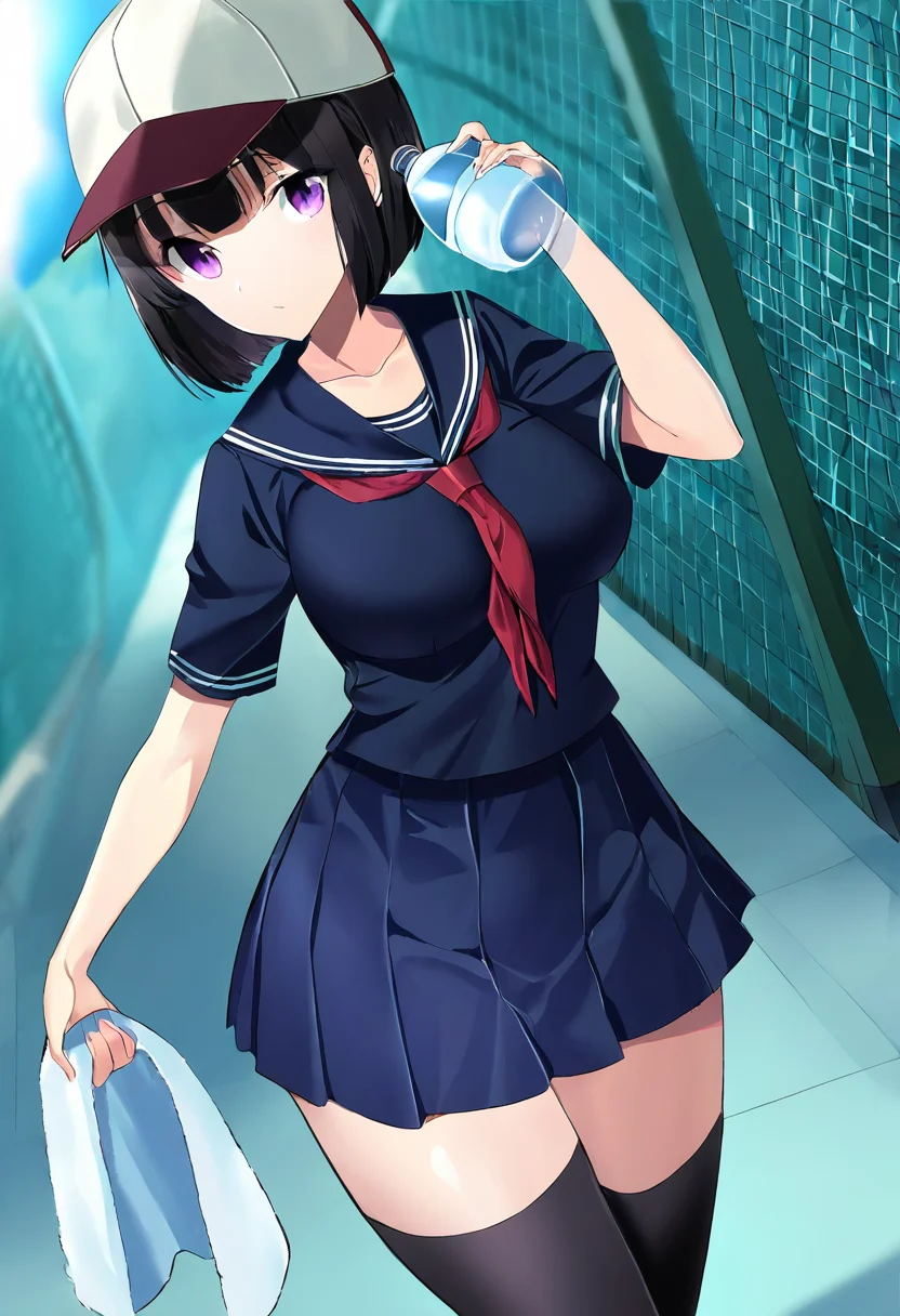masterpiece,best quality,
<lora:MSIZE_Style_Pony:1>,msize_style,1girl,solo,black hair,short hair,bob cut,purple eyes,school uniform,serafuku,sailor collar,red neckerchief,black thighhighs,blue skirt,pleated skirt,zettai ryouiki,collarbone,large breasts,baseball cap, bottle,water bottle,towel,holding,
looking at viewer,cowboy shot,dutch angle,dynamic pose,