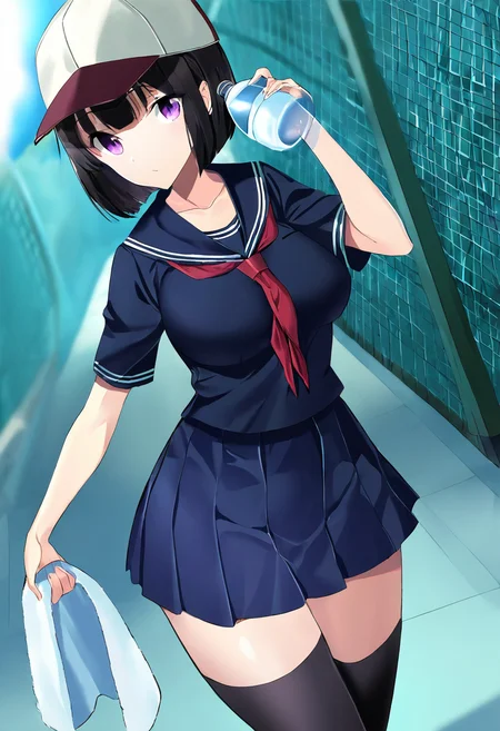 masterpiece,best quality,
<lora:MSIZE_Style_Pony:1>,msize_style,1girl,solo,black hair,short hair,bob cut,purple eyes,school uniform,serafuku,sailor collar,red neckerchief,black thighhighs,blue skirt,pleated skirt,zettai ryouiki,collarbone,large breasts,baseball cap, bottle,water bottle,towel,holding,
looking at viewer,cowboy shot,dutch angle,dynamic pose,