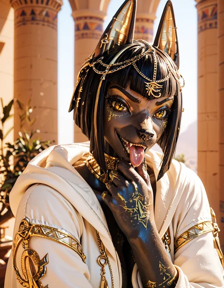 score_9,score_8_up,score_7_up,score_6_up,
indoors, upper body, face focus, long eyelashes, open mouth, tongue out, sharp teeth, evil grin, evil look, hooded robe,
<lora:Anubis_v01_PDXL:1>,
Anubis,1girl,solo,jackal,egyptian,ankh,black hair,short hair,bangs,jackal ears,yellow eyes,snout,animal nose,dark-skinned female,colored skin,black skin,dark-skinned female,shiny skin,tail,tattoo,animal feet,
<lora:add-detail-xl:1>,