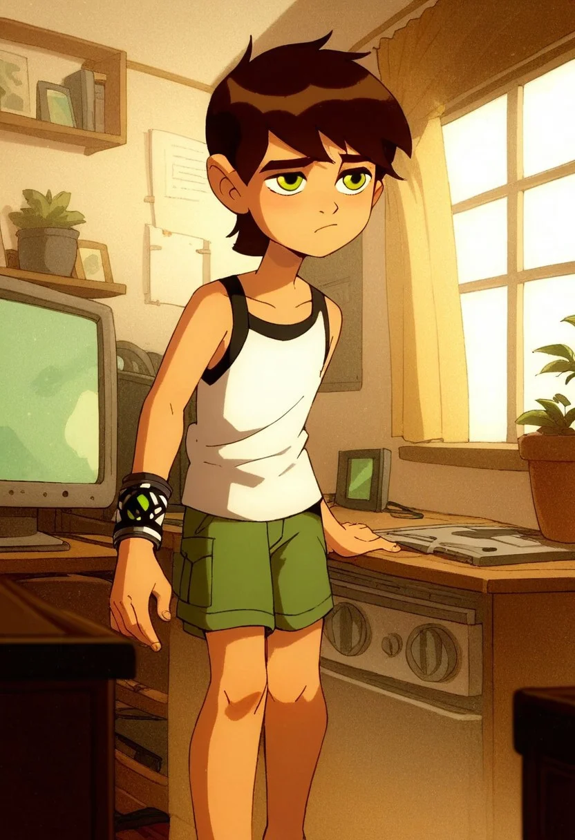 score_9, score_8_up, score_7_up, score_6_up, score_5_up, score_4_up, cute boy , standing, ((solo)), brown hair, green eyes, bracelet, sleepy ,
wear pijamas, tiny shorts , Tank top shirt , bare foot , messy bedroom , tv , games , windows , sun.