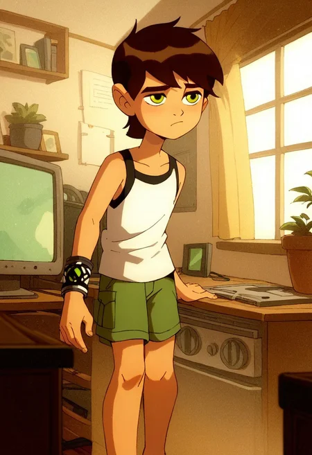 score_9, score_8_up, score_7_up, score_6_up, score_5_up, score_4_up, cute boy , standing, ((solo)), brown hair, green eyes, bracelet, sleepy ,
wear pijamas, tiny shorts , Tank top shirt , bare foot , messy bedroom , tv , games , windows , sun.