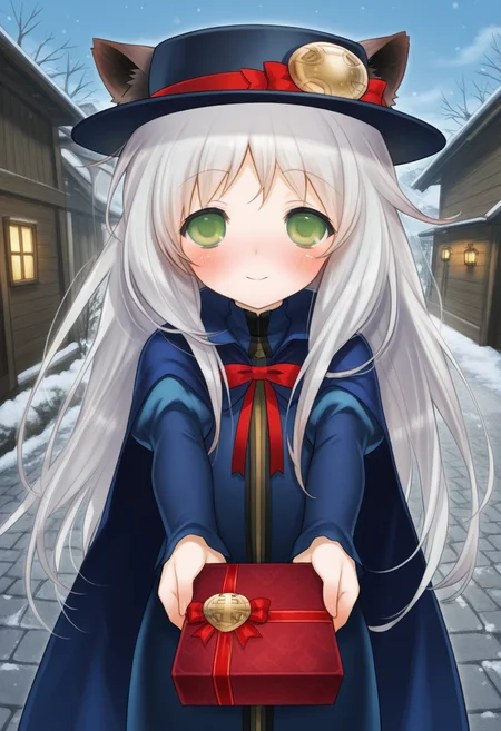 ((safe)), 1girl,solo, xavier_muramasa, grey hair, green eyes, blue cape, hat, blush, smile, holding, box, gift, valentine, incoming gift, heart, outdoors, best quality, amazing quality, very aesthetic, absurdres,  <lora:xavier_muramasa_ill:1>