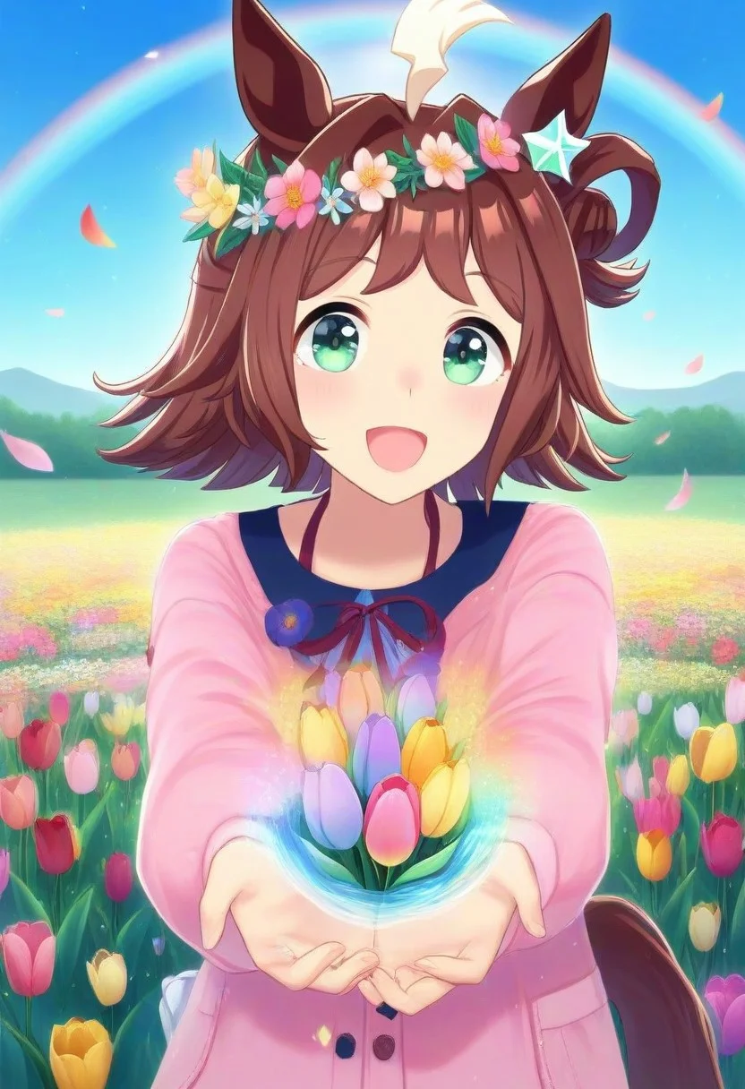 (umamusume, rhein_kraft_(umamusume), horse_ears, horse_girl, tail, 1girl, Tulip, animal_ears,),
casual, field, flower, flower_field, green_eyes, hair_between_eyes, hair_ornament,
head_wreath, looking_at_viewer, solo, , symmetric ,spiralling vortex made of multicoloured tulips,ripples, reflective, jaynl-tm, rainbow, , g0ldsw0rthy,
(realistic, photo, artistic, medium_hair, one_eye_closed, petals, relaxing, lush foliage sunrise, , : 0.7)