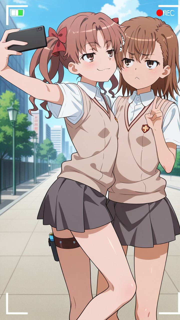 2girls, (misaka mikoto), outdoors, city, holding hangs, looking at another, smile, dynamic pose, yuri, jitome, smug, :<, vewfinder, selfie, taking picture, battery indicator, recording,, masterpiece, best quality, amazing quality, very aesthetic, absurdres, newest, anime screencap, <lora:shiraikurokoILM:1>, shirai kuroko, twintails, brown hair, red bow, hair bow, hair ribbon, long hair, wavy hair, brown eyes, tokiwadai school uniform, school emblem, summer uniform, sweater vest, brown sweater vest, collared shirt, white shirt, thigh strap, short sleeves, black skirt, miniskirt,