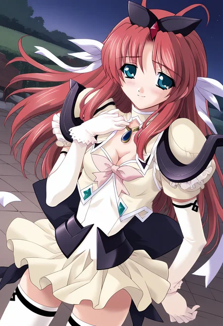 score_9, score_8_up, score_7_up, score_6_up, score_5_up, score_4_up, masterpiece, source_anime, 1girl, c tear, long hair, red hair, antenna hair, aqua eyes, hair ribbon, hair bow, ribbon, dress, cleavage cutout, white underbust, black armor, white elbow gloves, blue brooch, pink bowtie, white thighhighs, outdoors, night, depth of field, dutch angle, blush, looking at viewer, light smile, <lora:Tear_Pony_c:1>