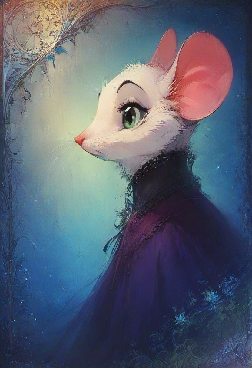 score_9, score_8_up, score_8, (solo:1.5), (fluffy:0.8), (feral:1.5), furry, (((mouse))), female, claws, (fluffy cheeks:0.5), (dress), j_cartoon, cute, (head focus, side view, portrait:1.5), (art nouveau:1.2), fca style, colorful