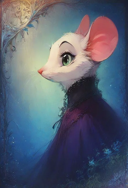 score_9, score_8_up, score_8, (solo:1.5), (fluffy:0.8), (feral:1.5), furry, (((mouse))), female, claws, (fluffy cheeks:0.5), (dress), j_cartoon, cute, (head focus, side view, portrait:1.5), (art nouveau:1.2), fca style, colorful