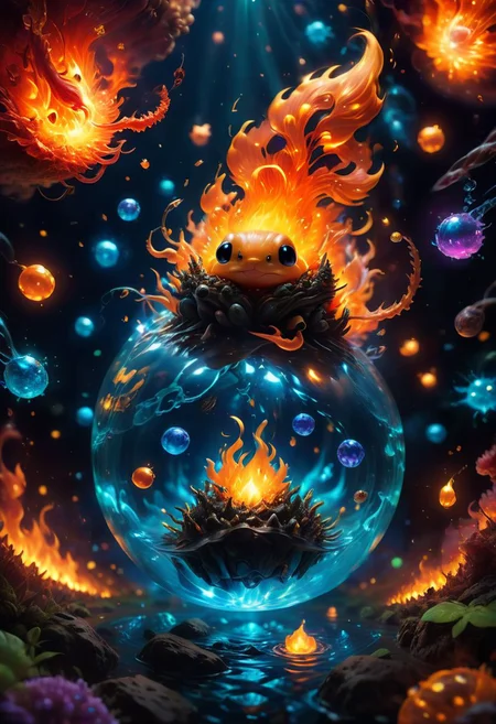 a tiny microverse inside an ball of fire, tiny organisms, unexplored ecosystem, cute small critters, sparks, glowing balls of fire floating in the water