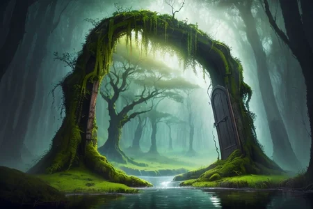 RAW photo, (masterpiece:1.3), subsurface scattering, heavy shadow, (high quality:1.4), (intricate, high detail:1.2), professional photography, HDR, High Dynamic Range, realistic, ultra realistic, photorealistic, high resolution, film photography, ambient lighting, atmospheric effects, <lora:detail_slider_v4:2>, OverallDetail, bare tree, butterfly, door, fantasy, fire, forest, light rays, nature, no humans, outdoors, portal, scenery, sky, tree, water, <lora:Portal:0.8>, in a sinister and dark fantasy swamp, moss, water, FanSwa, <lora:FantasySwamps-11:0.9>, Style-SwampMagic, epiCPhoto Style-SwampMagic