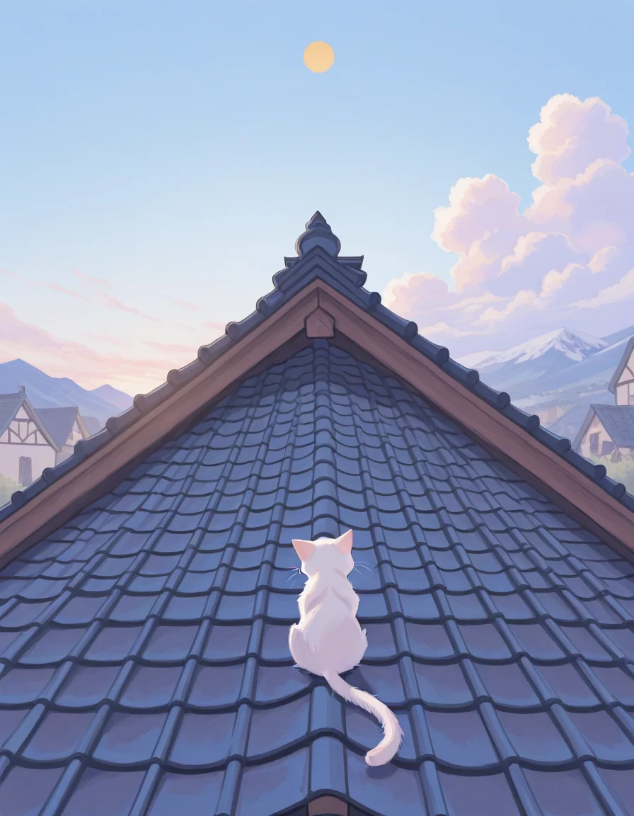 <lora:tom_style:0.25>, tom style, soft shading, drawing style, clean lineart, duotone, <lora:sowasowart_style:0.25>, s0wasow4rt_illu, abstract, <lora:jima_style:0.25>, jima_illu, <lora:gyuing666:0.25>, gyuing_illu,
(masterpiece, best quality, ultra-detailed, absurdres, newest, detailed textures, correct anatomy:1),
no humans, 2cats, cute white cat with a chubby body and a black cat with messy fur sitting on a roof, bask in the sunshine, detailed medieval town with traditional houses and red tiled roofs, mountains in the background, clear blue sky with fluffy white clouds and a bright yellow sun, soft pastel colors, detailed textures on the roof tiles and houses, serene and peaceful atmosphere, calm and quiet town, playful and adorable cats, charming and whimsical scene, warm and inviting, detailed and intricate, vibrant and lively, cozy and quaint, picturesque and idyllic, harmonious and balanced composition, tranquil and soothing, delightful and heartwarming, beautiful and captivating, enchanting and magical, dreamy and fantastical, imaginative and creative