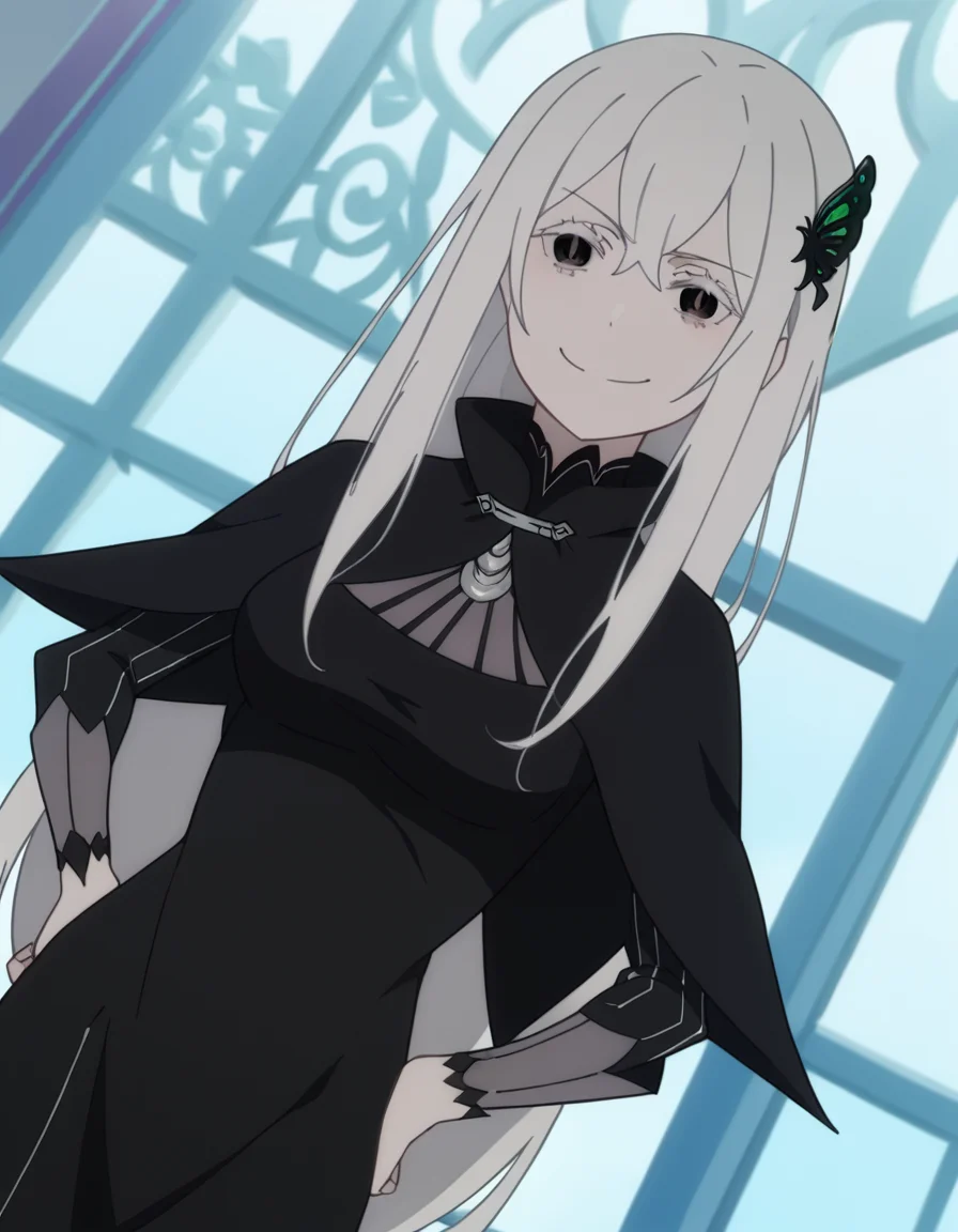 score_9, score_8_up, score_7_up, source_anime, <lora:rezero-echidna-s2-ponyxl-lora-nochekaiser:1>, echidna, colored eyelashes, white hair, hair between eyes, long hair, straight hair, black eyes, medium breasts,, black capelet, black dress, butterfly hair ornament, capelet, dress, hair ornament,, indoors, smug, smile, looking at viewer, solo, hands on hips,, cowboy shot, dutch angle