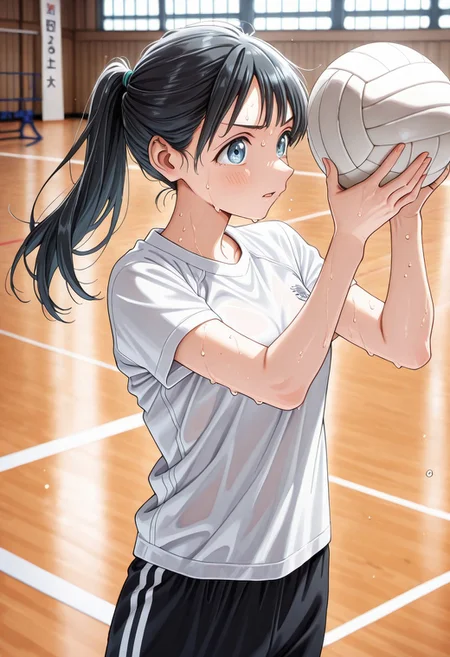 solo, woman, komichi_akebi, ponytail, plain white t-shirt, black short, holding volleyball, sweating, volleyball gym, high quality, best quality, masterpiece, 4k resolution, anime