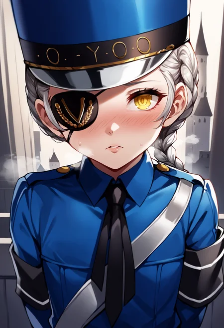 score_9, score_7_up, score_6_up, source_anime, uncensored, zPDXLxxx, <lora:intricate_details:0.5> intricate_details_xl, gradient, (soulless:1.25), floating castle, close up, head out of frame, soft focus, 4koma
<lora:Persona5_Justine_Caroline_v1.0:1> JustineP5, justine (persona 5), official outfit, 1girl, yellow eyes, solo, gloves, hat, braid, single braid, eyepatch, black gloves, long hair, necktie, upper body, long sleeves, blue headwear, looking at viewer, shirt, grey hair, armband, blue shirt, black shorts, wing collar, pensive, arms behind back, steam, full-face blush,