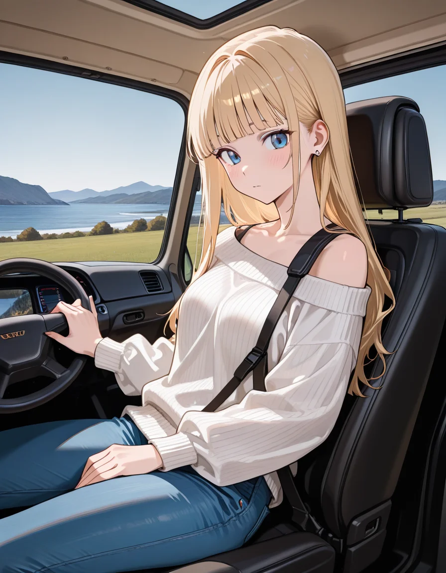 score_9, score_8_up, score_7_up, anime, solo, 1girl, one girl,
long hair, tucked behind ear, blunt bangs, blonde Hair, blue eyes, feature large highlight, model,
Princess, oversize white sweater, off shoulder, blue jeans,
general,
<lora:motorhome:0.8>, motorhome,
driver's seat, Inside the camper,
(masterpiece:1.3), best quality, high resolution, unity 8k wallpaper, (illustration:1.2), 8K,