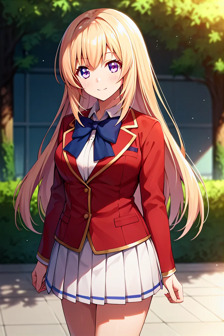 score_9, score_8_up, score_7_up, score_6_up, score_5_up, score_4_up, rating_questionable, , source_anime, digital illustration, pixiv, fanbox, uncensored, , BREAK, official art,
1girl, solo, female, ichinose honami, blonde hair, long hair, purple eyes, 
school uniform, red jacket, blue bow, white skirt, pleated skirt, ,, outdoors, light smile, blush, looking at viewer, cowboy shot, colorful, vivid <lora:Ichinose_Honami_pony1:0.8>