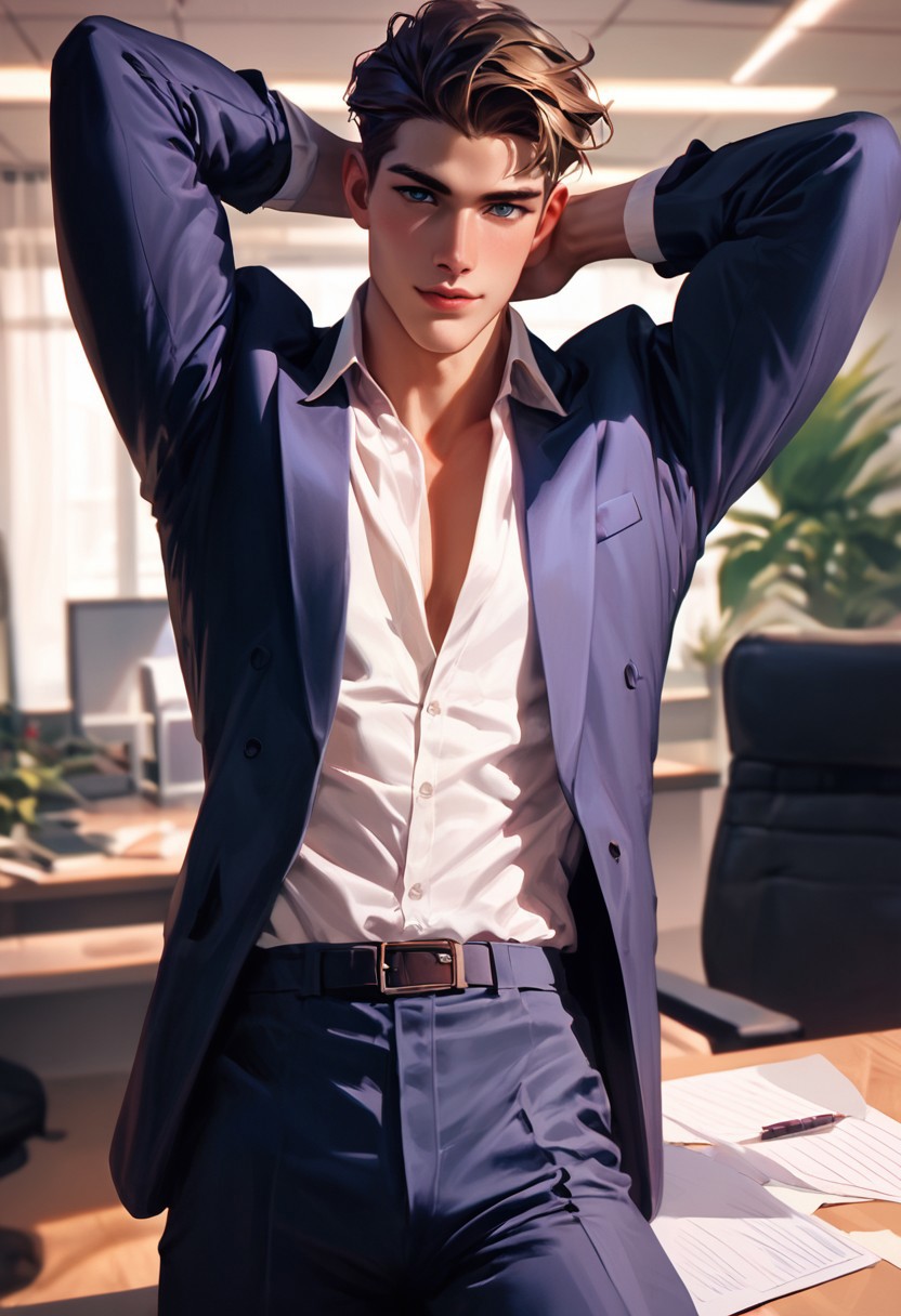 score_9,score_8_up,score_7_up, 25 yo twink posing, suit, office, hyperdetailed photography,