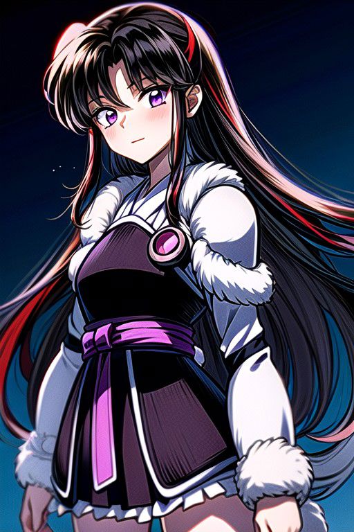 masterpiece,  best quality 1girl Setsun4 solo long hair,  (night time) forest background black hair very long hair purple eyes multicolored hair armor (fur trim) (medium body),<lora:EMS-179-EMS:0.800000>,<lora:EMS-293862-EMS:0.800000> bow, hair_bow, hair_tubes, red_bow, brown_hair, long_hair, bangs, ascot, frilled_bow, yellow_ascot, blush, smile, hair_between_eyes, athletic, armor, miko